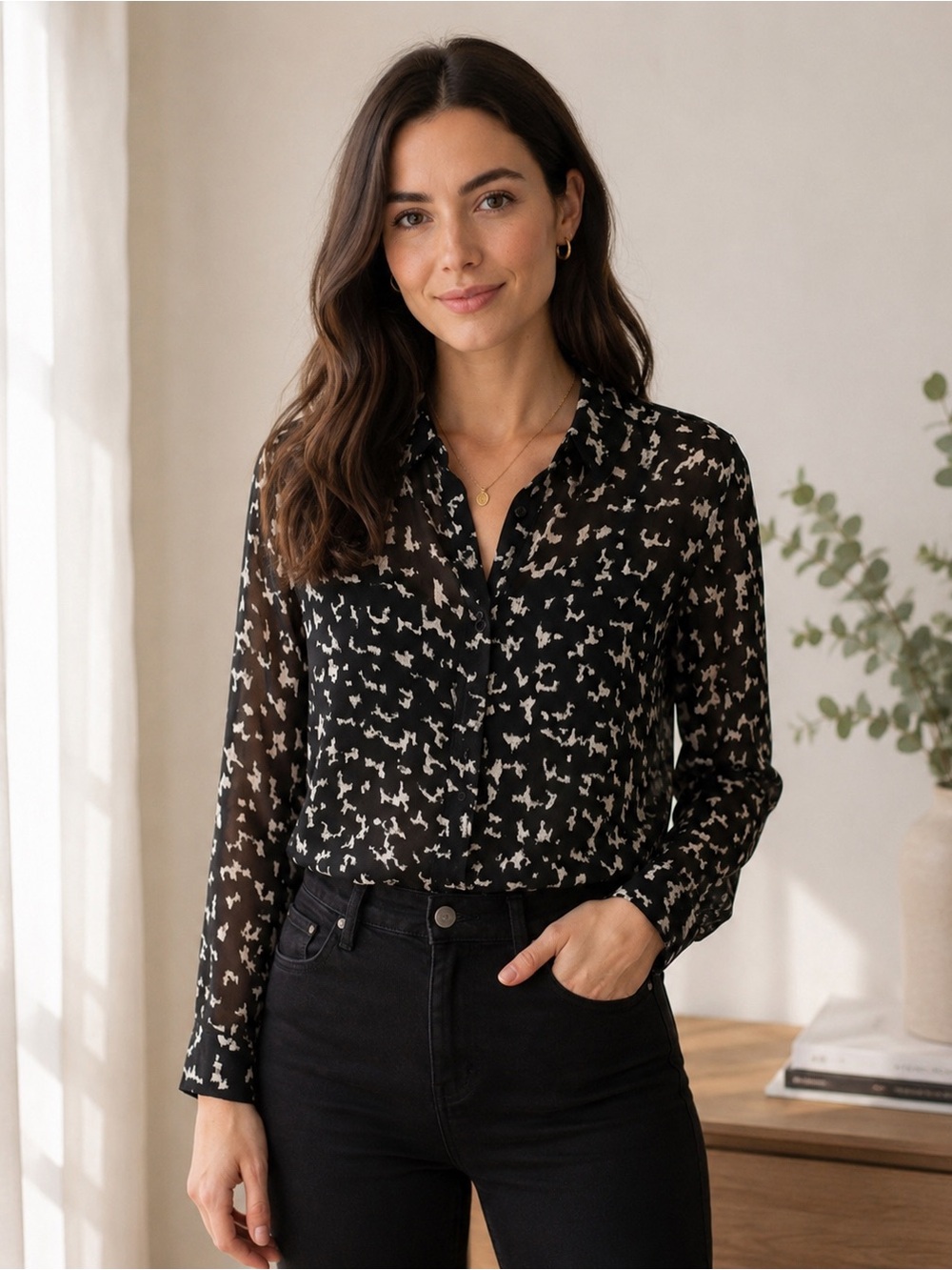 Guess Women's Semi-Sheer Button Down Blouse